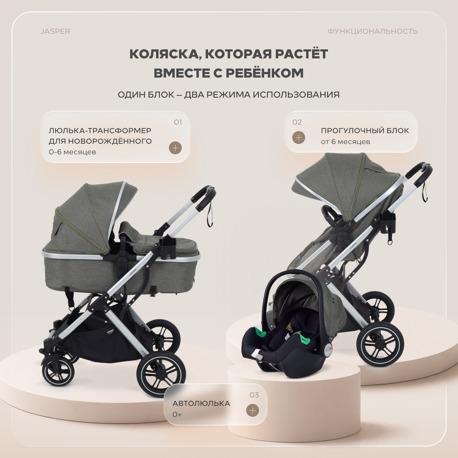 Коляска трансформер MOWbaby Jasper 3в1, silver green зеленый - фото 2