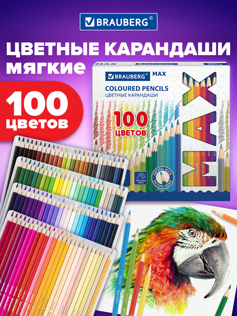 Карандаши цветные Brauberg 100 шт. - фото 1