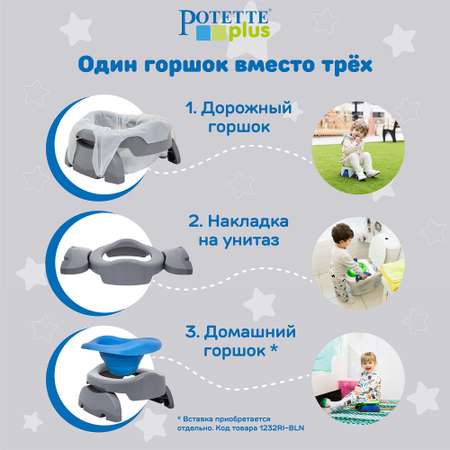 Дорожный горшок Potette Plus складной + 3 одноразовых пакета серый
