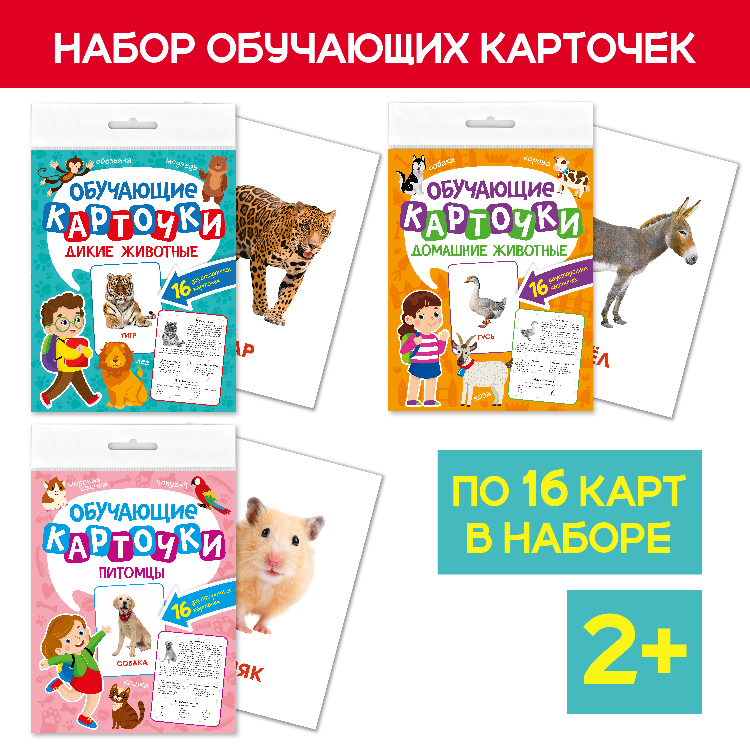 Карточки Проф-Пресс обучающие 3 комплекта по 16 шт 17х22 см. Дикие+Домашние животные+Питомцы - фото 1
