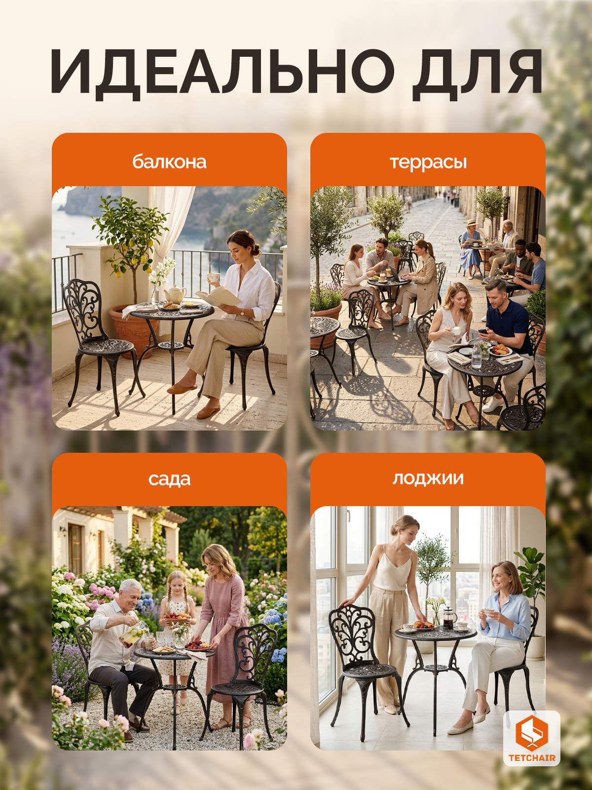 Комплект садовой мебели TETCHAIR Романс (стол+2 стула), алюминиевый сплав, D60/H67, 53х41х89см, бронзовый - фото 3