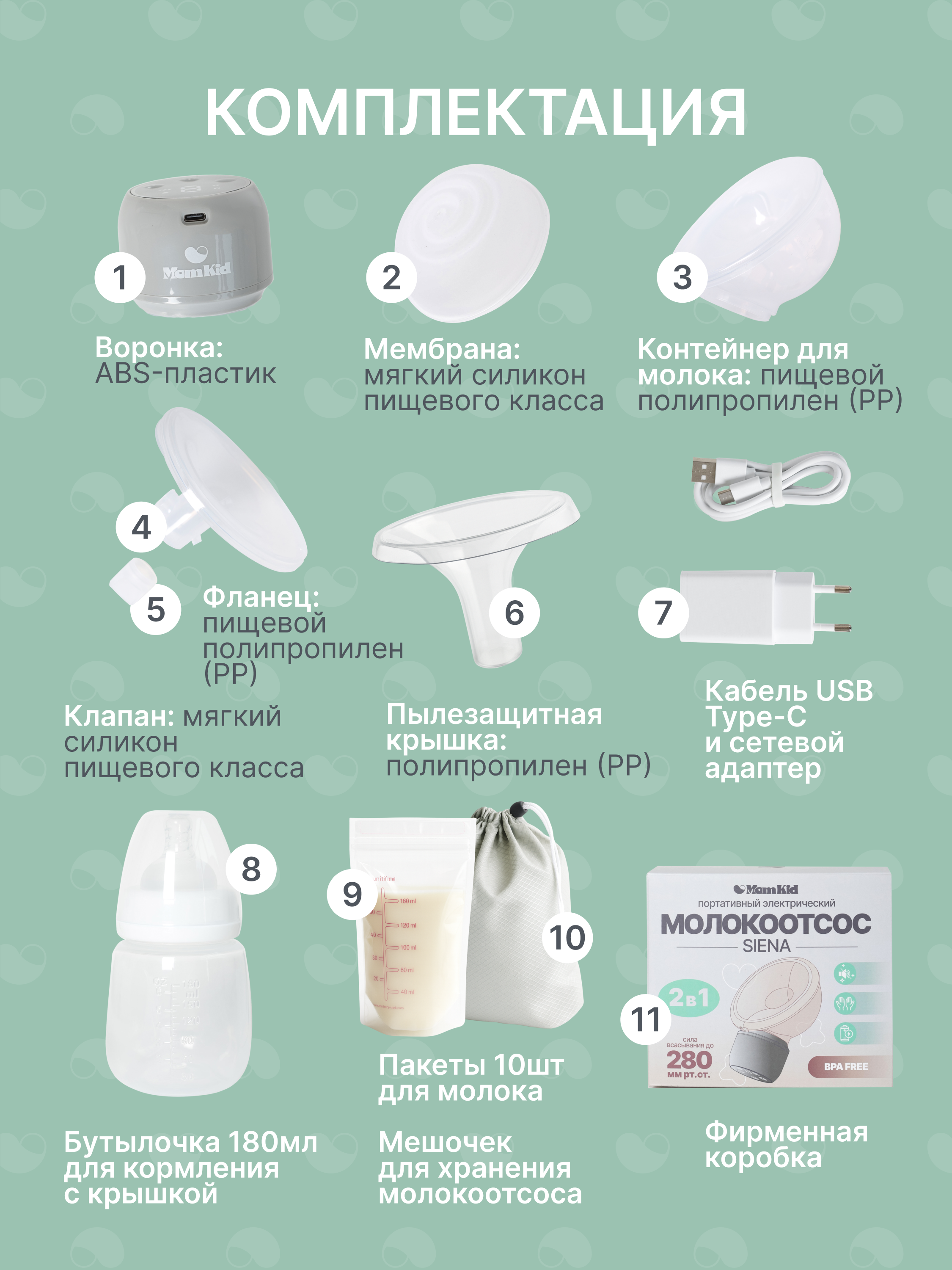 Молокоотсос электрический беспроводной MomKid портативный для сцеживания и кормящих мам, с бутылочкой в роддом - фото 8