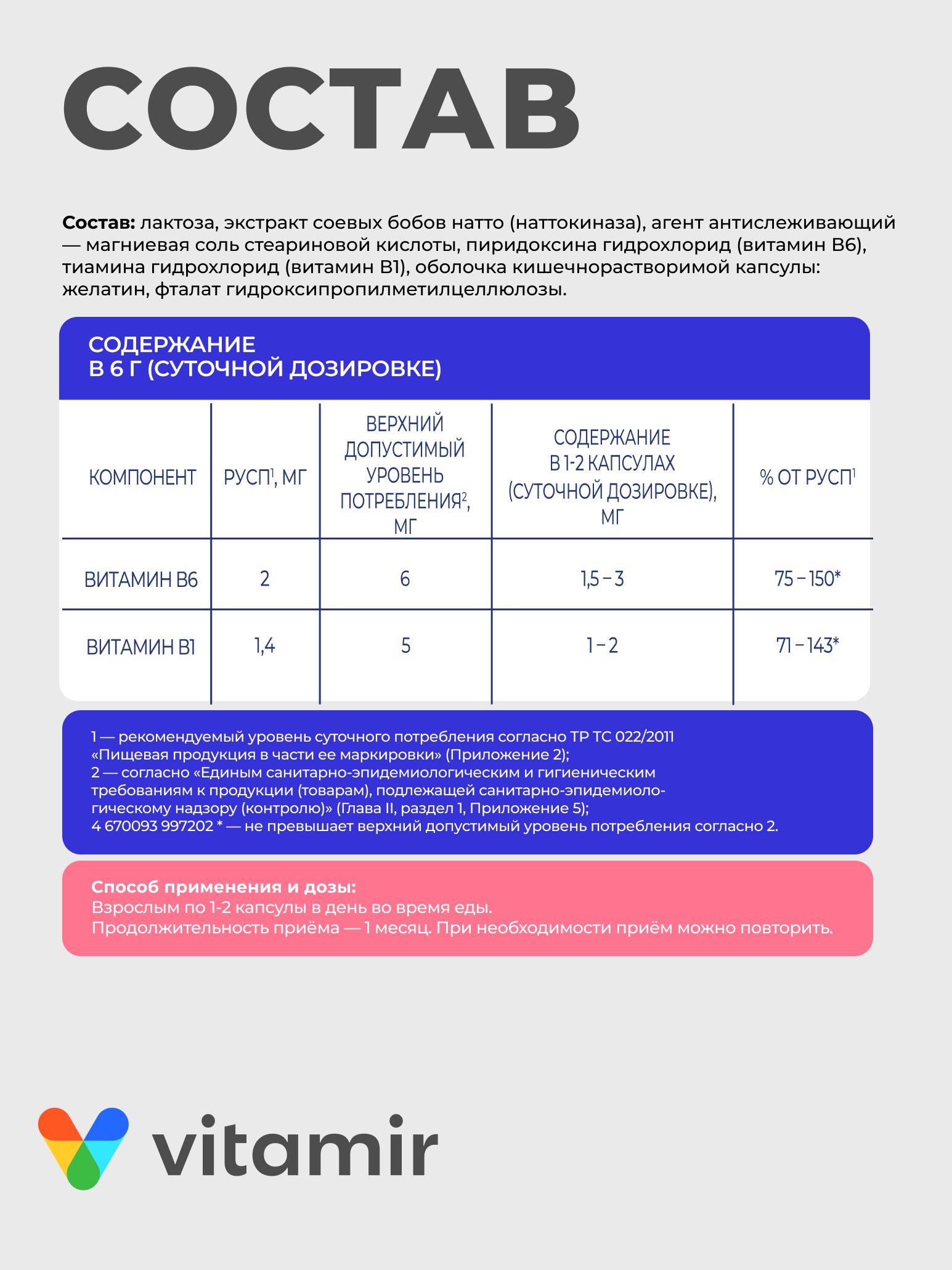 Наттокиназа VITAMIR фермент с витаминами B1 и B6 для сердца и сосудов 90 капсул - фото 3