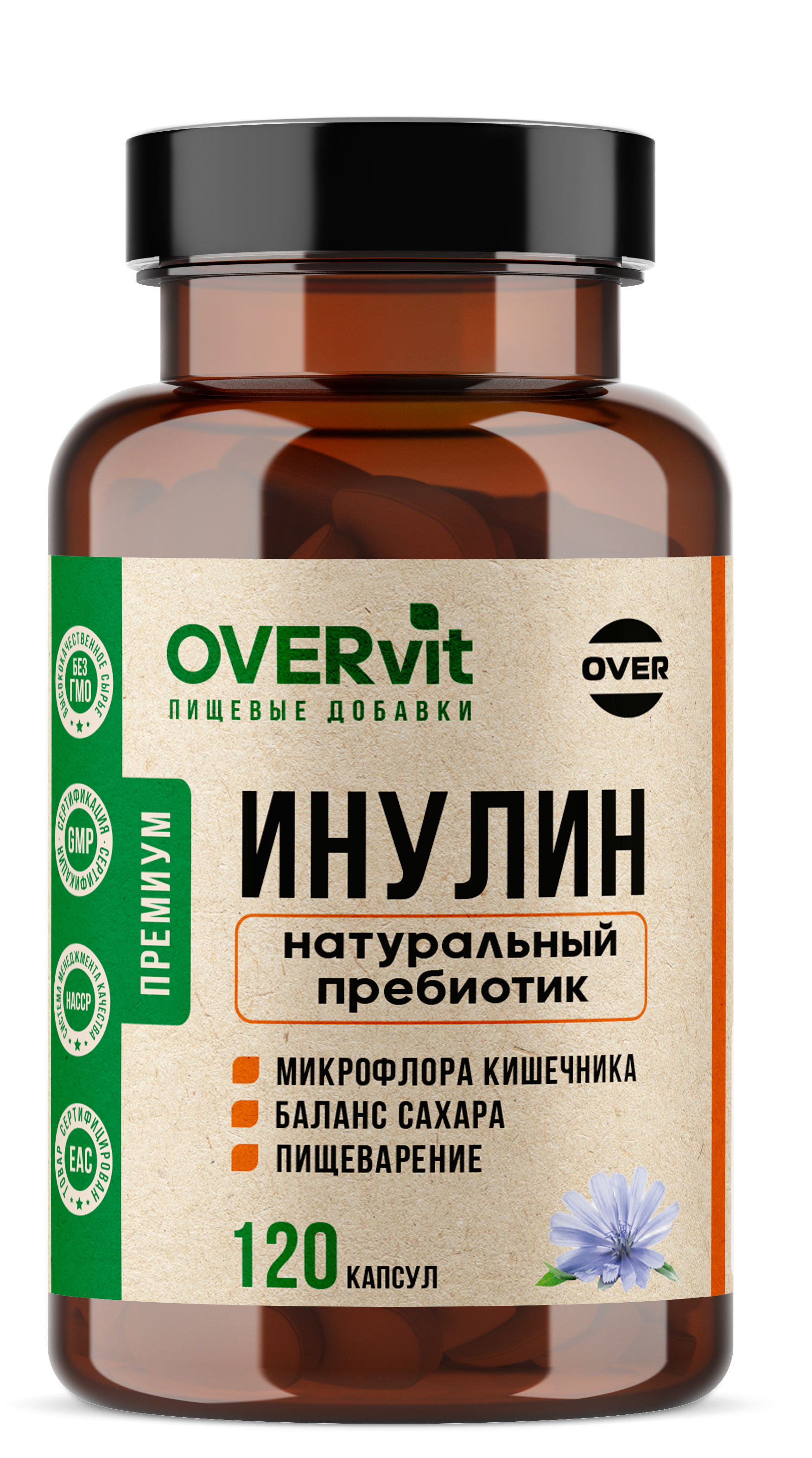Инулин пребиотик 120 капсул OVER Пребиотик БАД для улучшения пищеварения микрофлоры очищение - фото 1