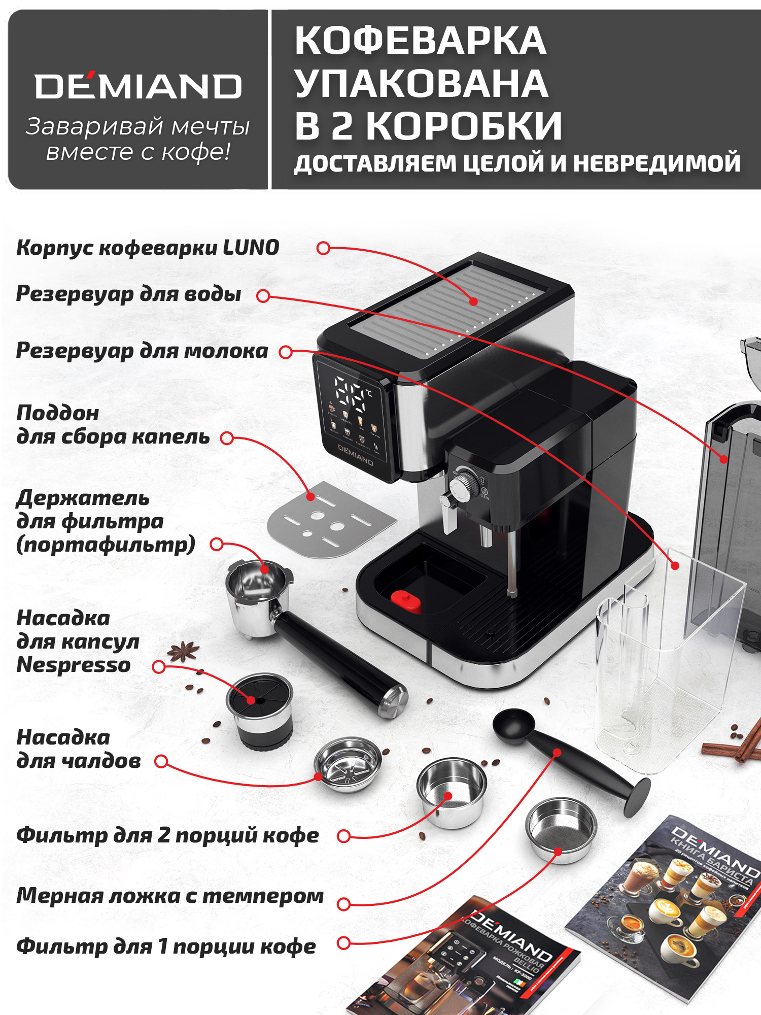 Кофеварка рожковая luno DEMIAND для молотого кофе для чалд и капсул Nespresso - фото 12