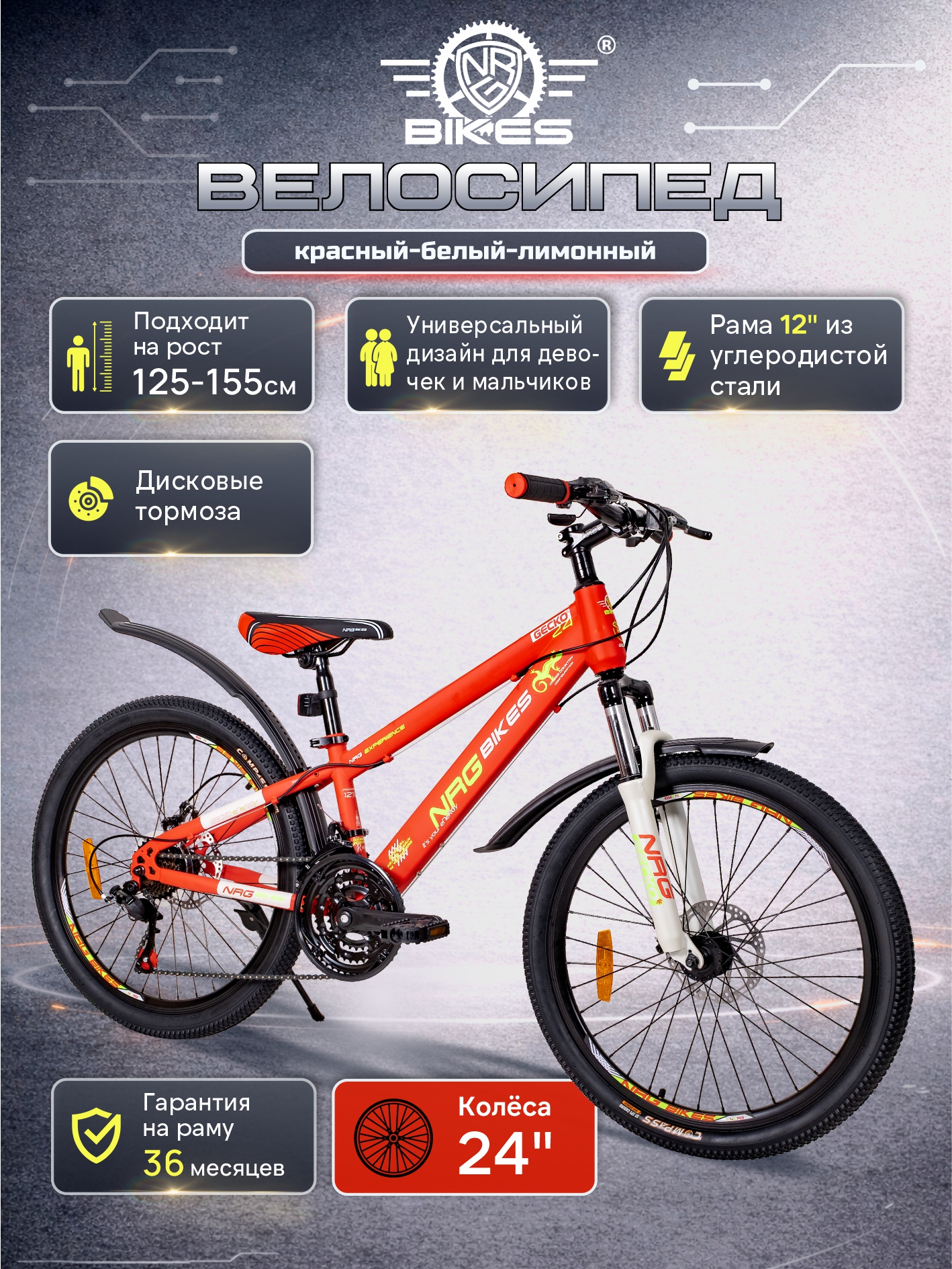 Изображение товара Велосипед GECKO 24" NRG BIKES — 21 скорость, дисковые тормоза