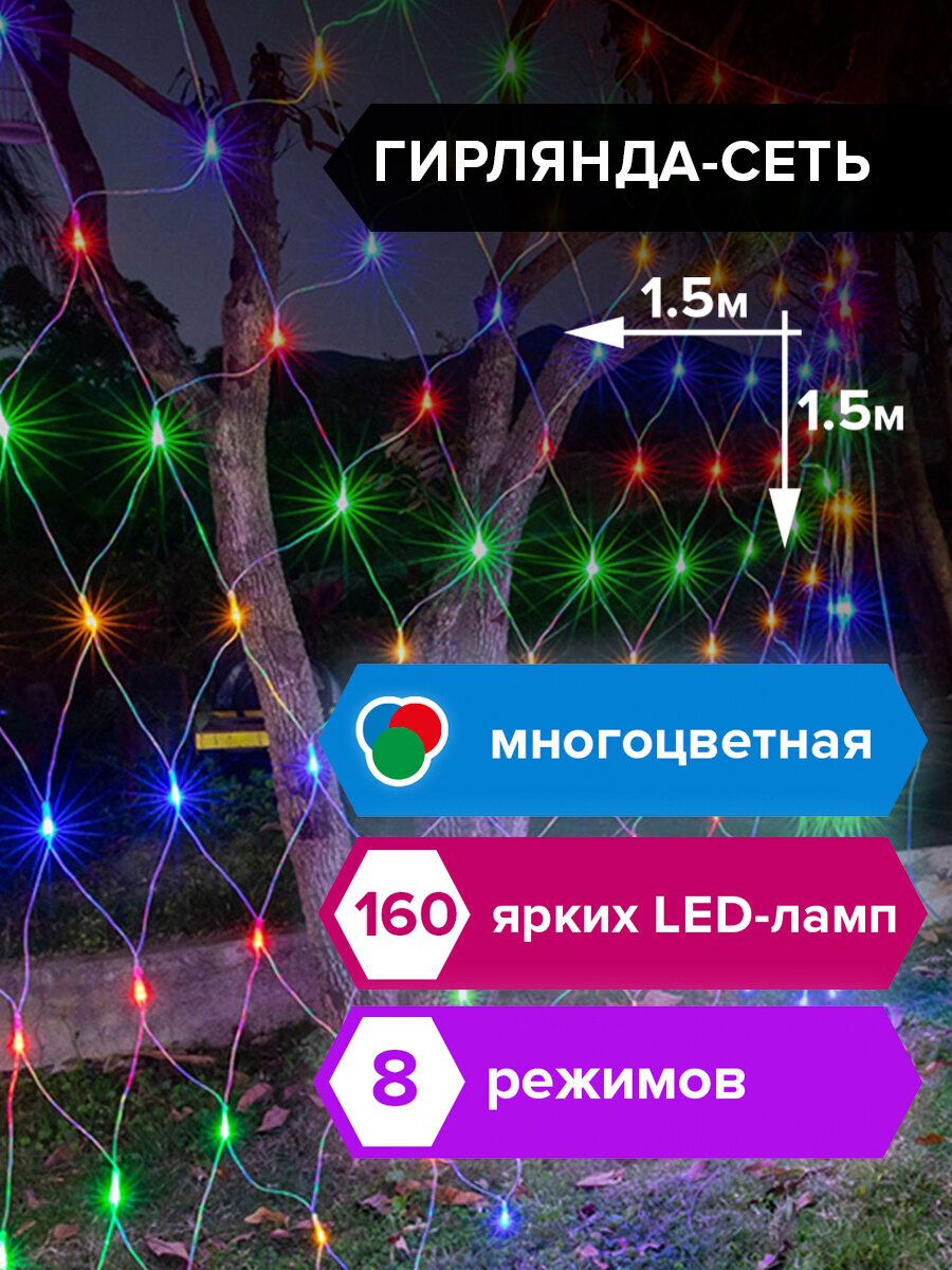 Электрогирлянда Золотая сказка светодиодная Сеть 160 ламп 1.5х1.5м многоцветная контроллер - фото 1