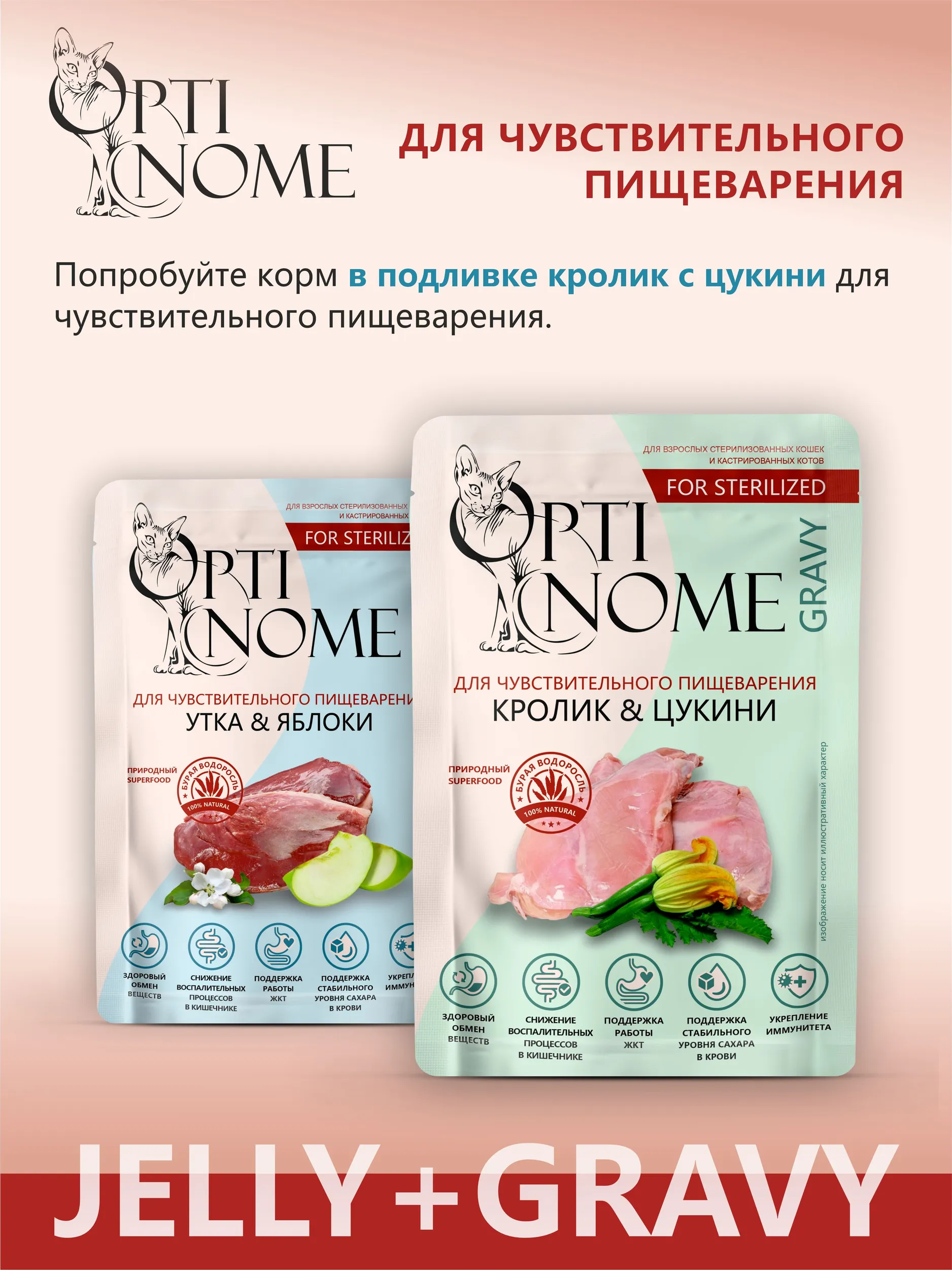 Корм влажный Optinom для стерилизованных кошек и кастрированных котов с уткой и яблоками в желе 28шт. - фото 7