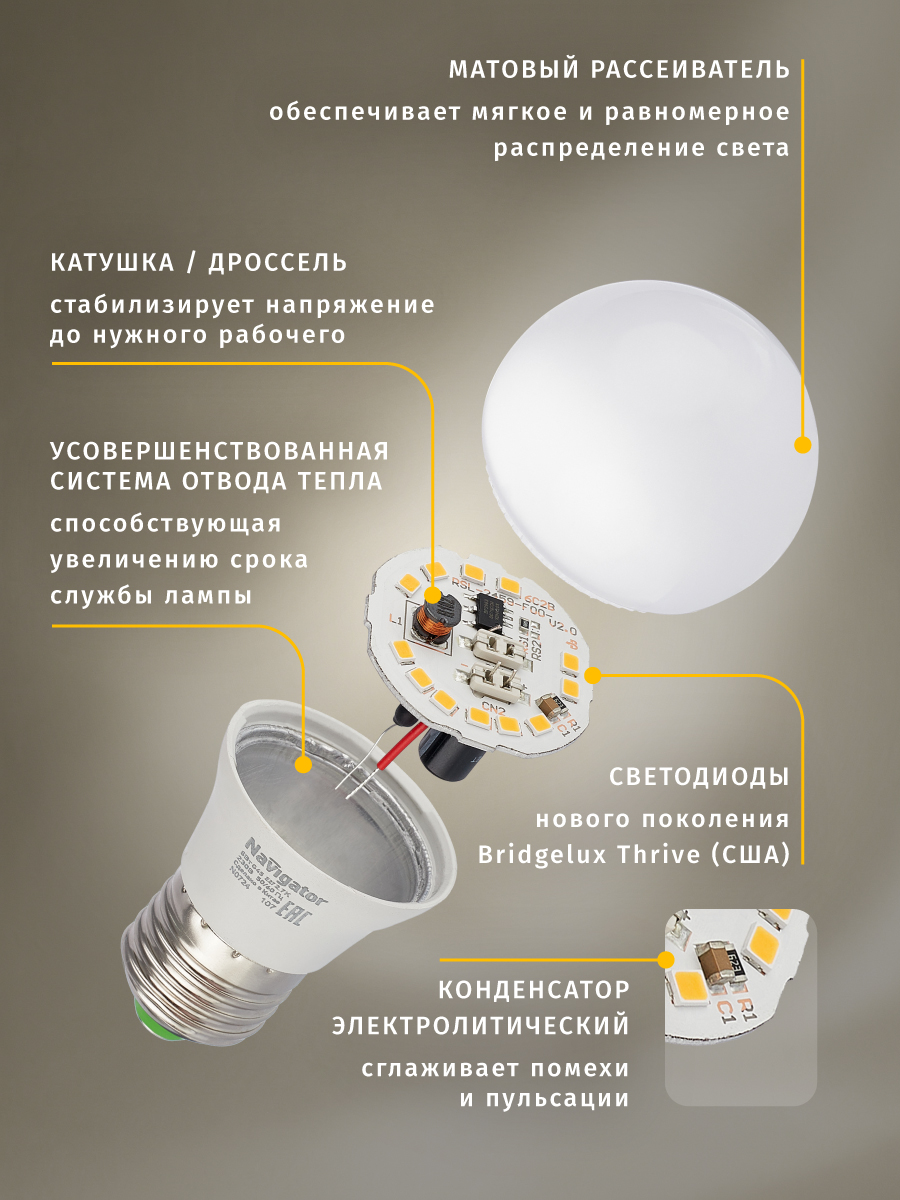 Светодиодная лампочка NaVigator солнечного света безопасная для зрения Е27 4000К 6Вт - фото 8