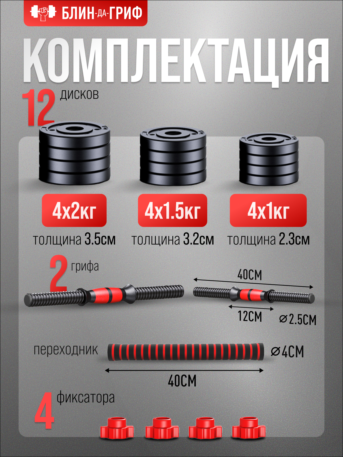 Набор блинов с грифом БлинДаГриф Гантель 6кг 2шт - фото 3