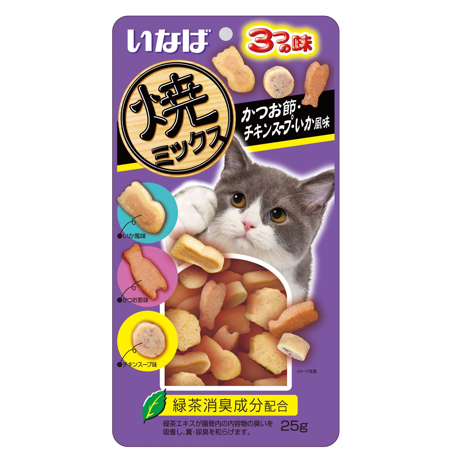 Лакомство для кошек INABA Yaki Miksu 25г кацуобуси куриный бульон и кальмар запеченый - фото 1