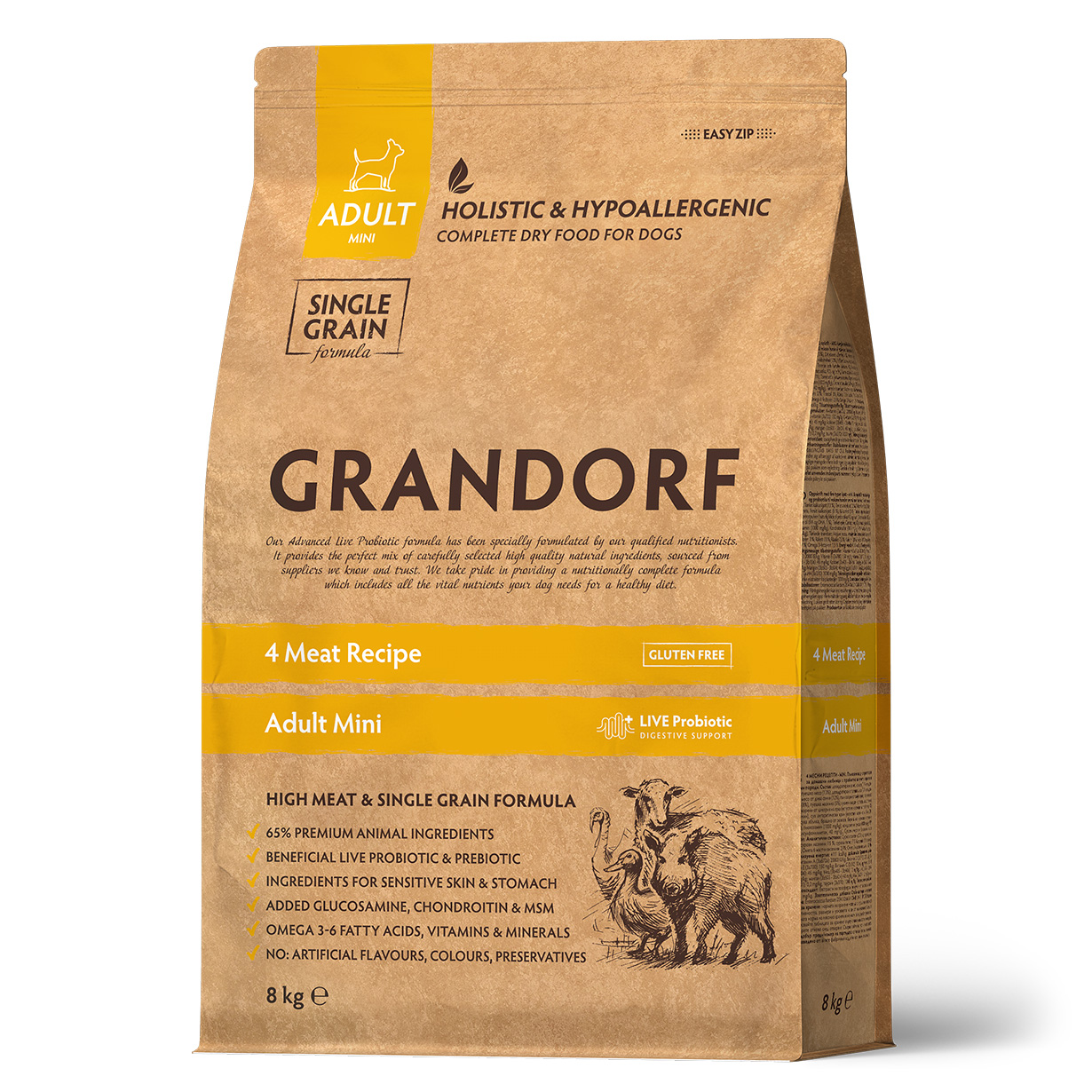 Корм для собак Grandorf Dog 4 Meat Probiotic Mini 4 мяса с пробиотиками для мини пород 8кг - фото 1