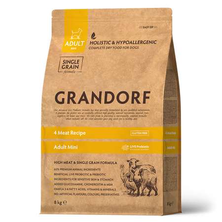 Корм для собак Grandorf Dog 4 Meat Probiotic Mini 4 мяса с пробиотиками для мини пород 8кг