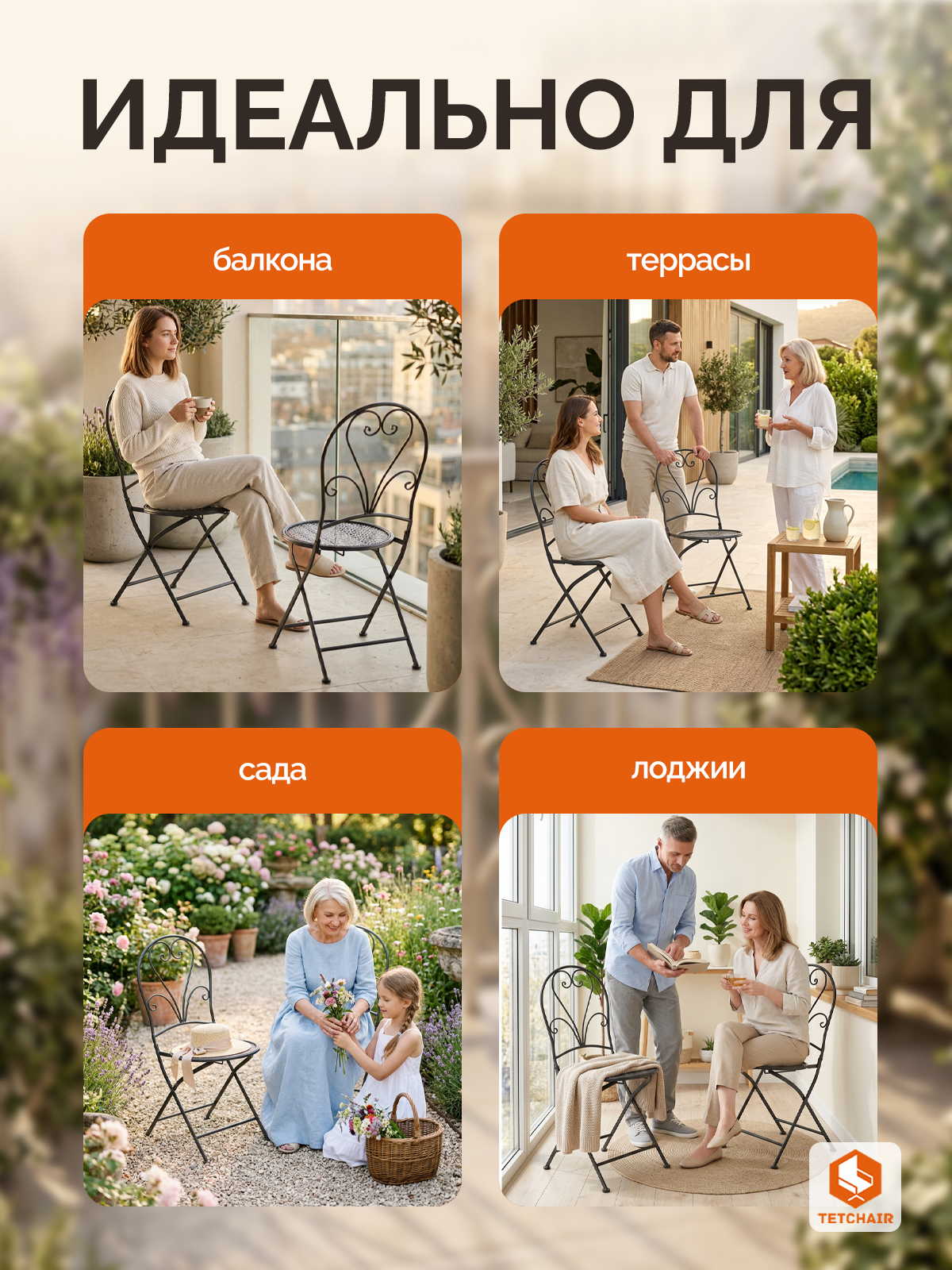 Комплект садовых стульев TETCHAIR Лав Чаир, складные, стальной сплав, черный, 40х47,5х94см - фото 3