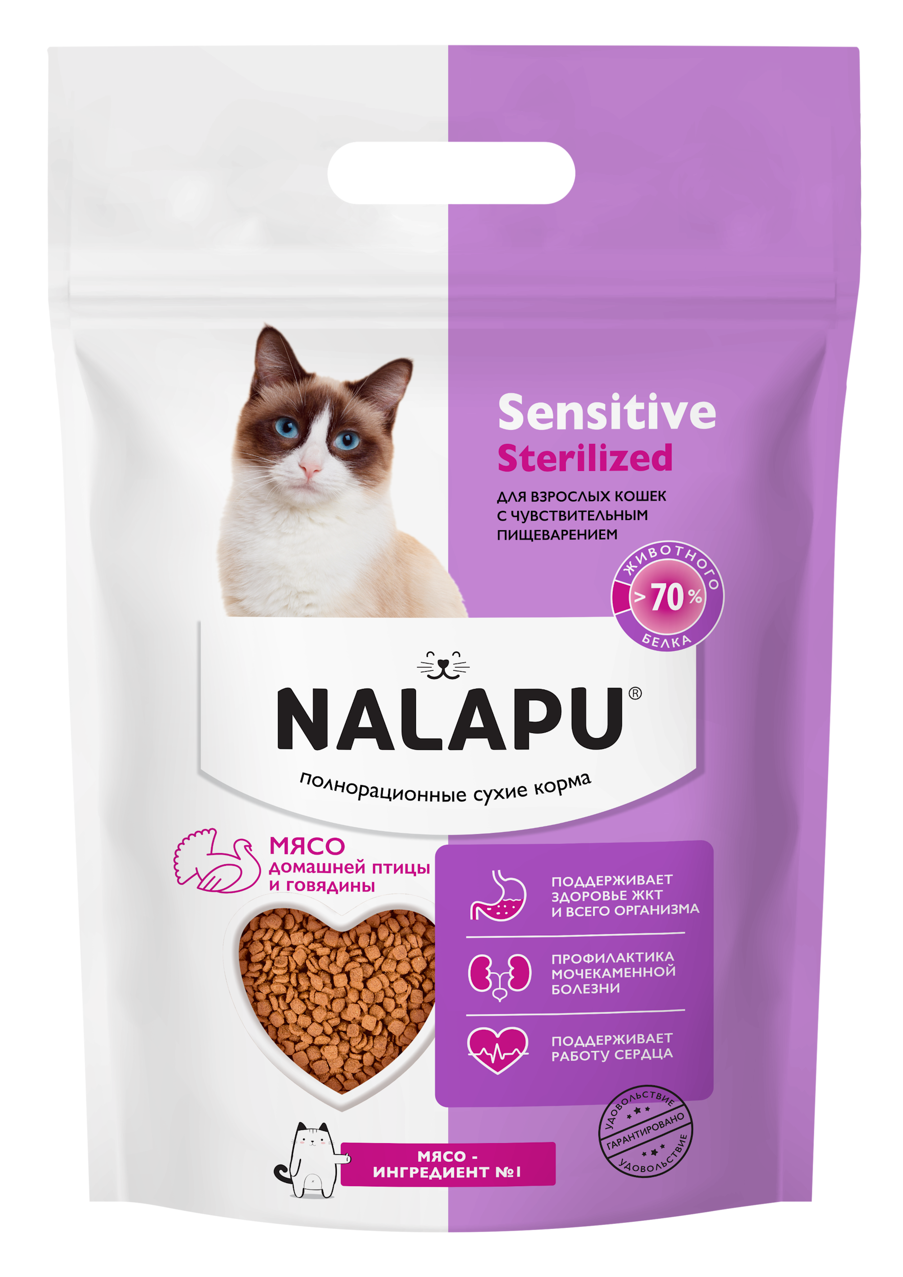 Корм для кошек NALAPU Sensitive Sterilized с мясом домашней птицей и говядины 1.2кг - фото 1