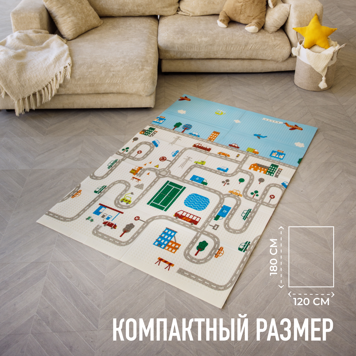 Развивающий коврик детский Mamagoods для ползания складной игровой 120х180 см Город и Лондонский автобус - фото 3