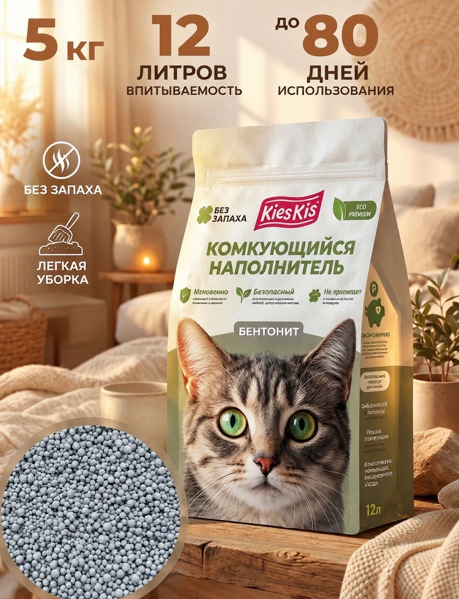 Наполнитель KiesKis бентонитовый 12 л 5 кг комкующийся, минеральный - фото 1
