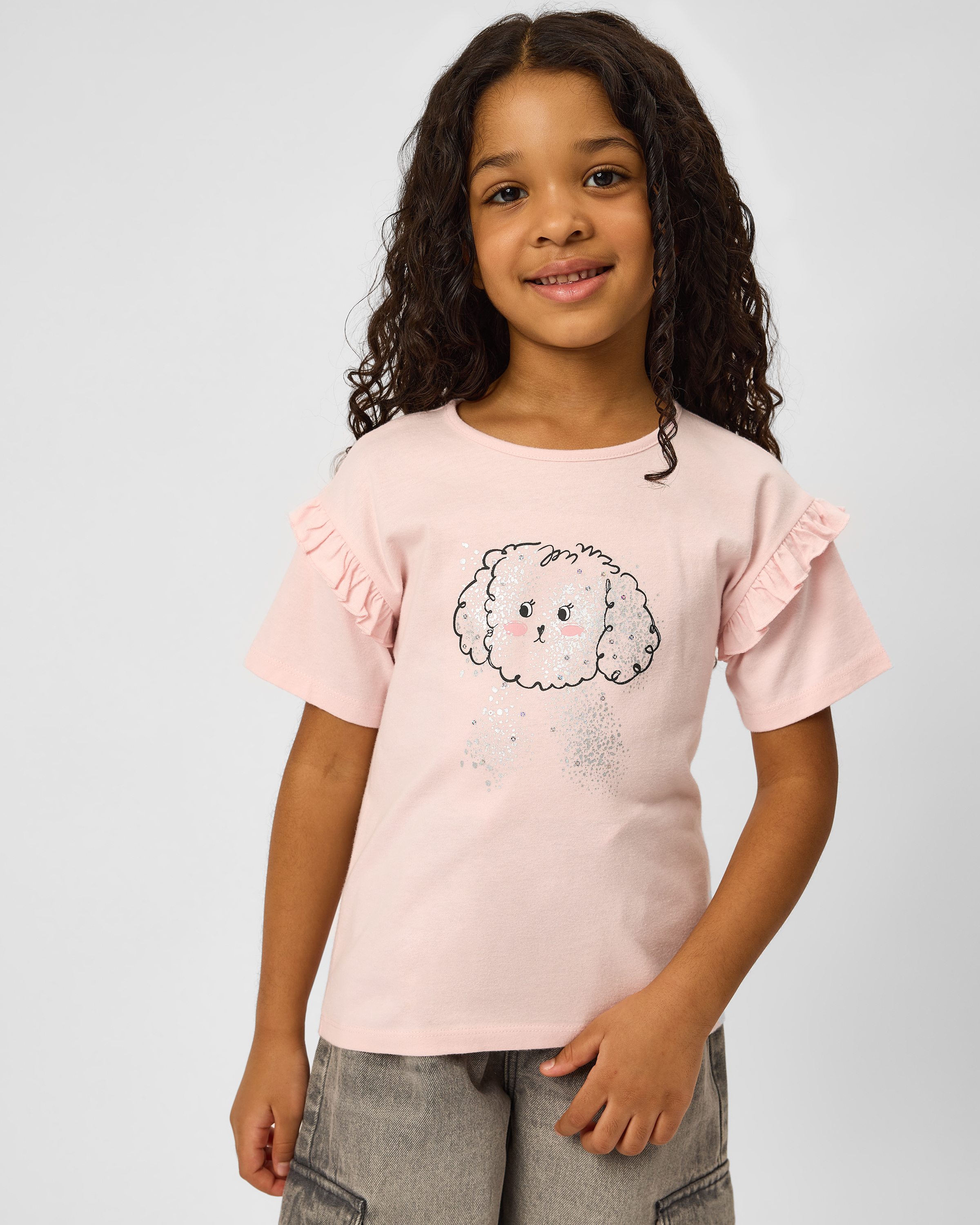 Изображение товара Футболка для девочки Futurino 122 розовая с оборками и принтом