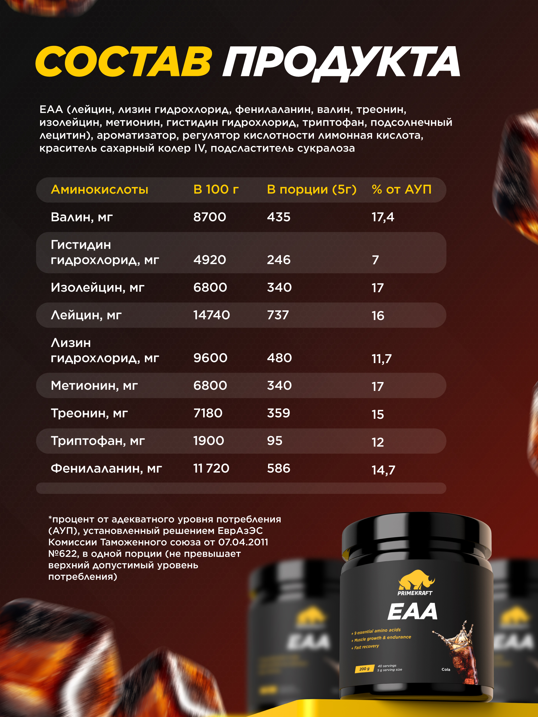 Аминокислотный комплекс Prime Kraft EAA со вкусом «Кола» cola 200 гр. - фото 4