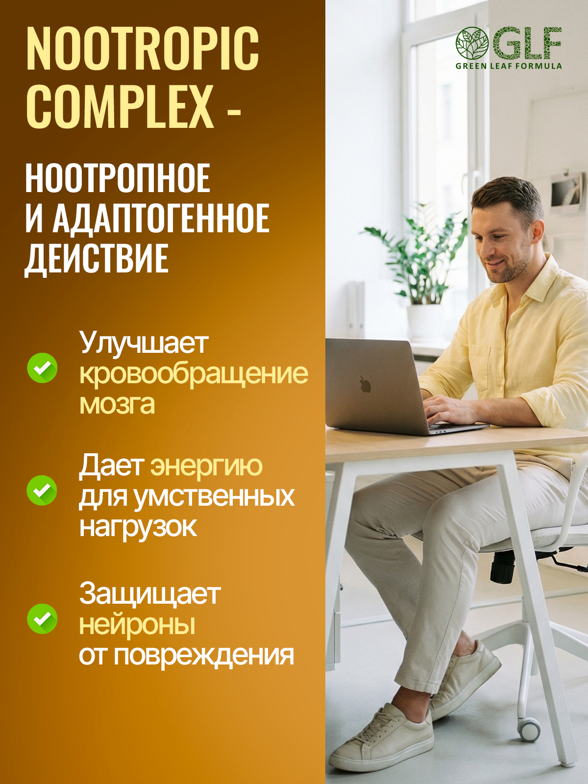 Ноотропный комплекс для мозга Green Leaf Formula для памяти и внимания для нервной системы кофеин гинкго билоба - фото 3