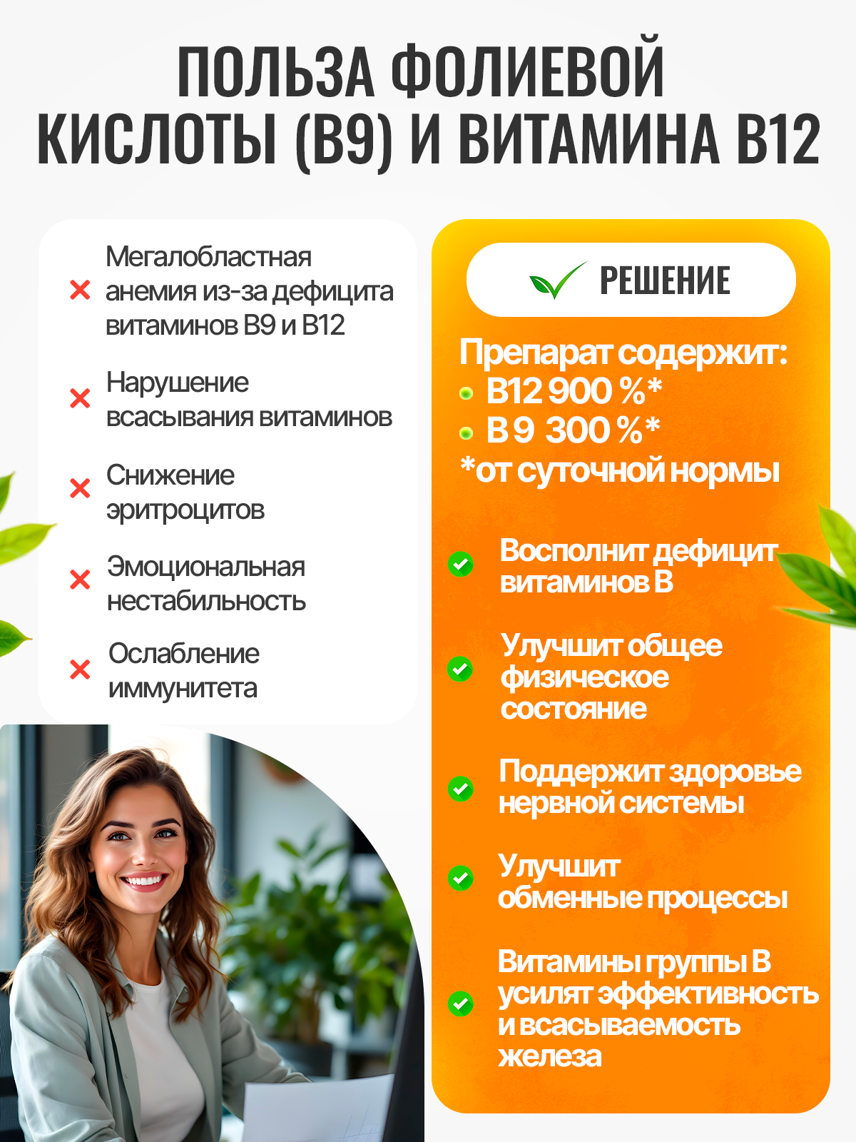 Железо хелат витамины + В12 + В9 Green Leaf Formula фолиевая кислота витамины группы В - фото 4