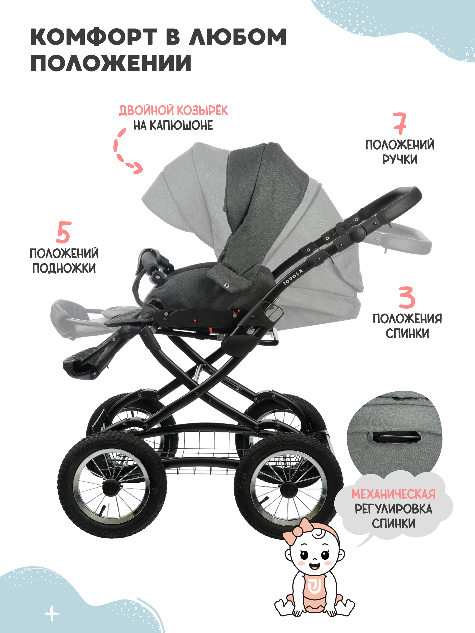 Коляска 2в1 JOVOLA Tessa Classic Tc 04 тем.-серый - фото 6