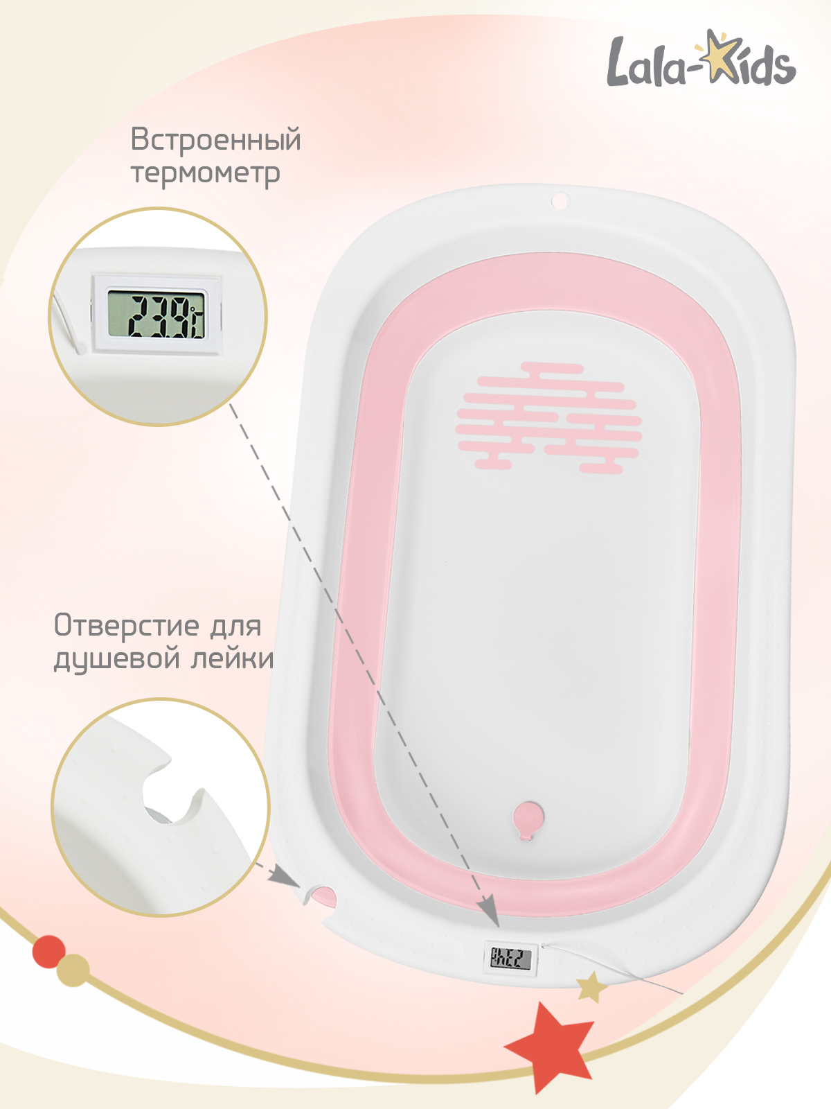 Складная ванночка для купания LaLa-Kids с термометром складным ковшом и матрасиком в комплекте - фото 5