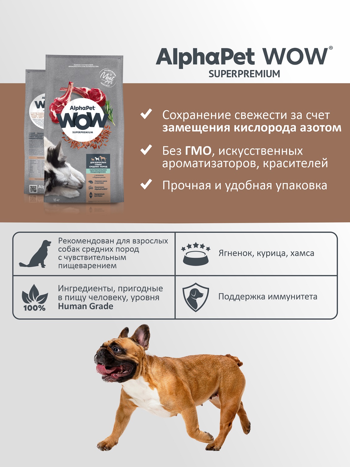 Корм для взрослых собак средних пород AlphaPet с чувствительным пищеварением Wow Superpremium с ягненком и бурым рисом 15кг - фото 3