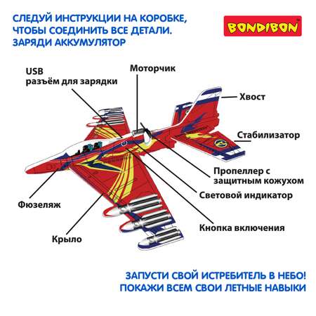 Самолет сборный BONDIBON Истребитель синего цвета с моторчиком и USB-зарядкой