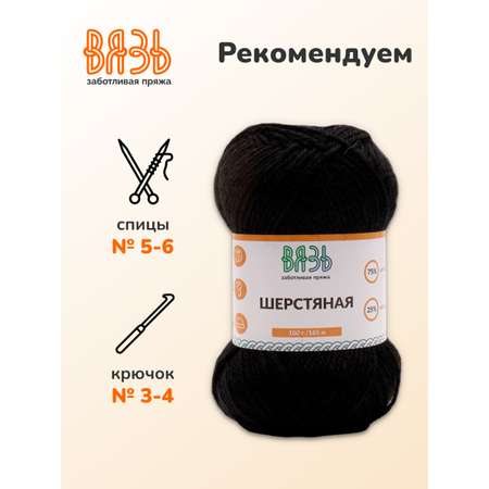 Пряжа ВЯЗЬ Шерстяная для повседневной одежды 100 гр 165 м 3 мотка 15 черный