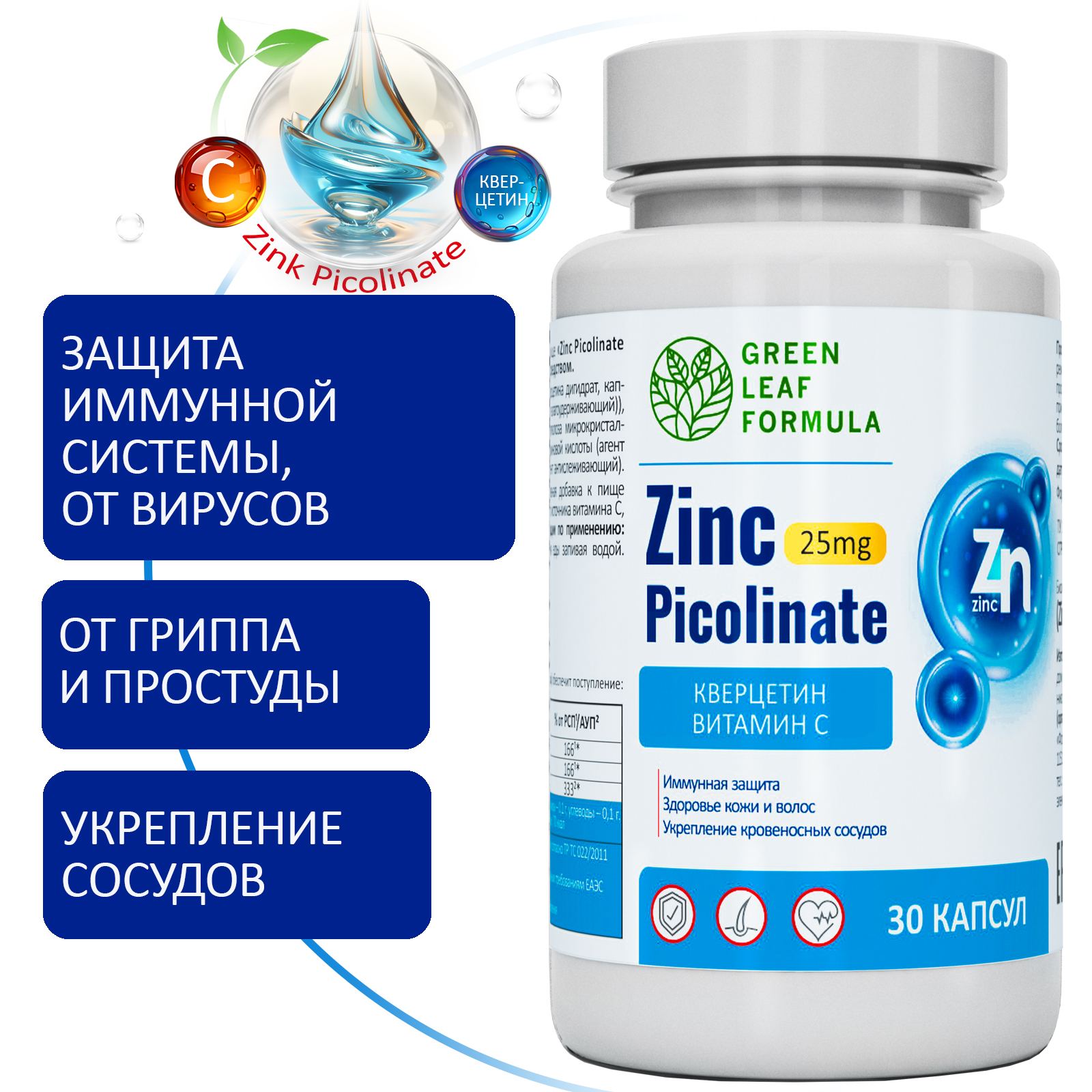 Цинк пиколинат Green Leaf Formula защита иммунитета от вирусов кверцетин витамин С - фото 1