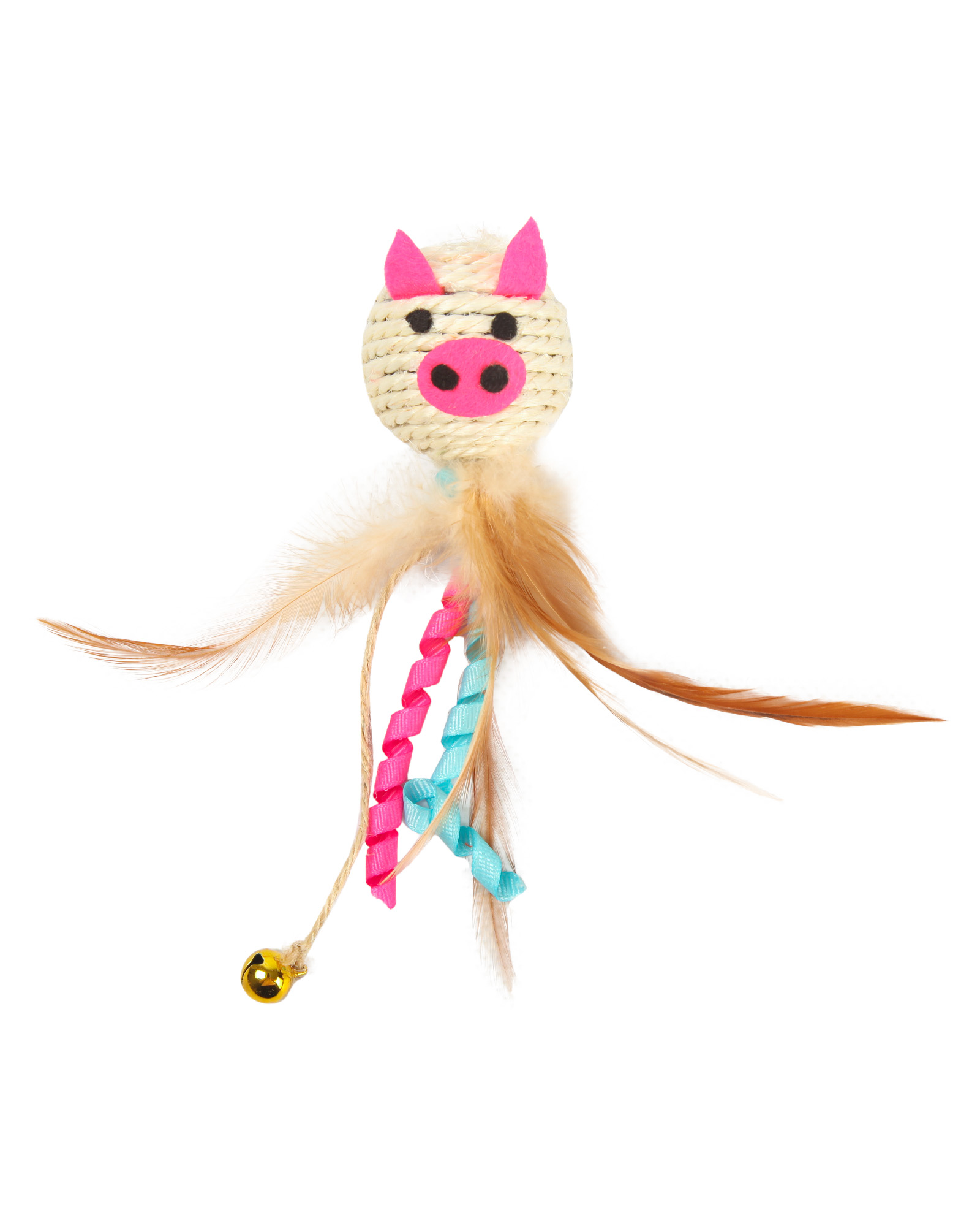 Игрушка для кошек Barbaks Свинка Ленточка с кошачьей мятой. бубенчиком и натуральными перьями 17*4.5см - фото 4