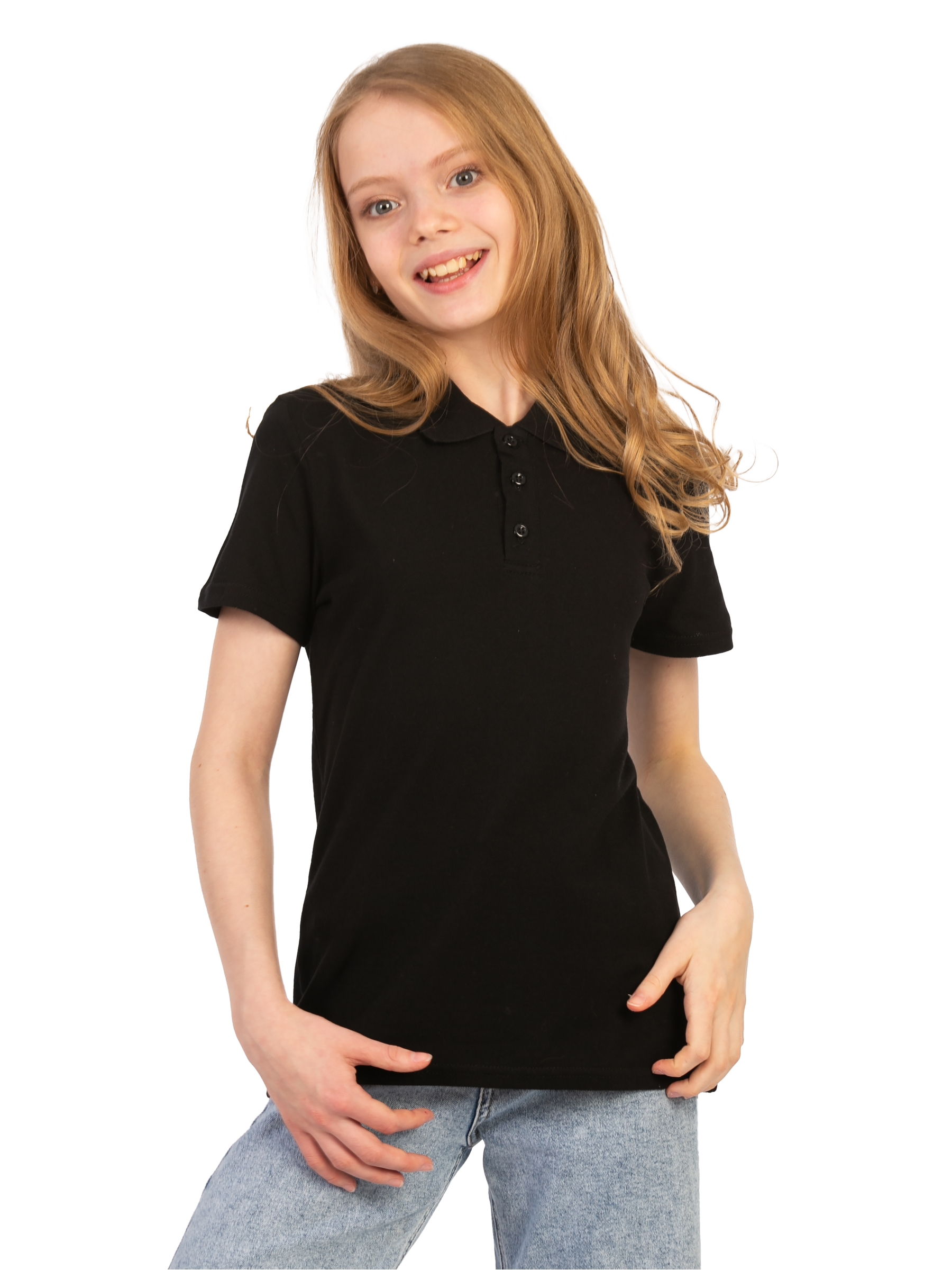 Изображение товара Детское поло для девочки черное из 100% хлопка, прямой крой, комфортное и гипоаллергенное
