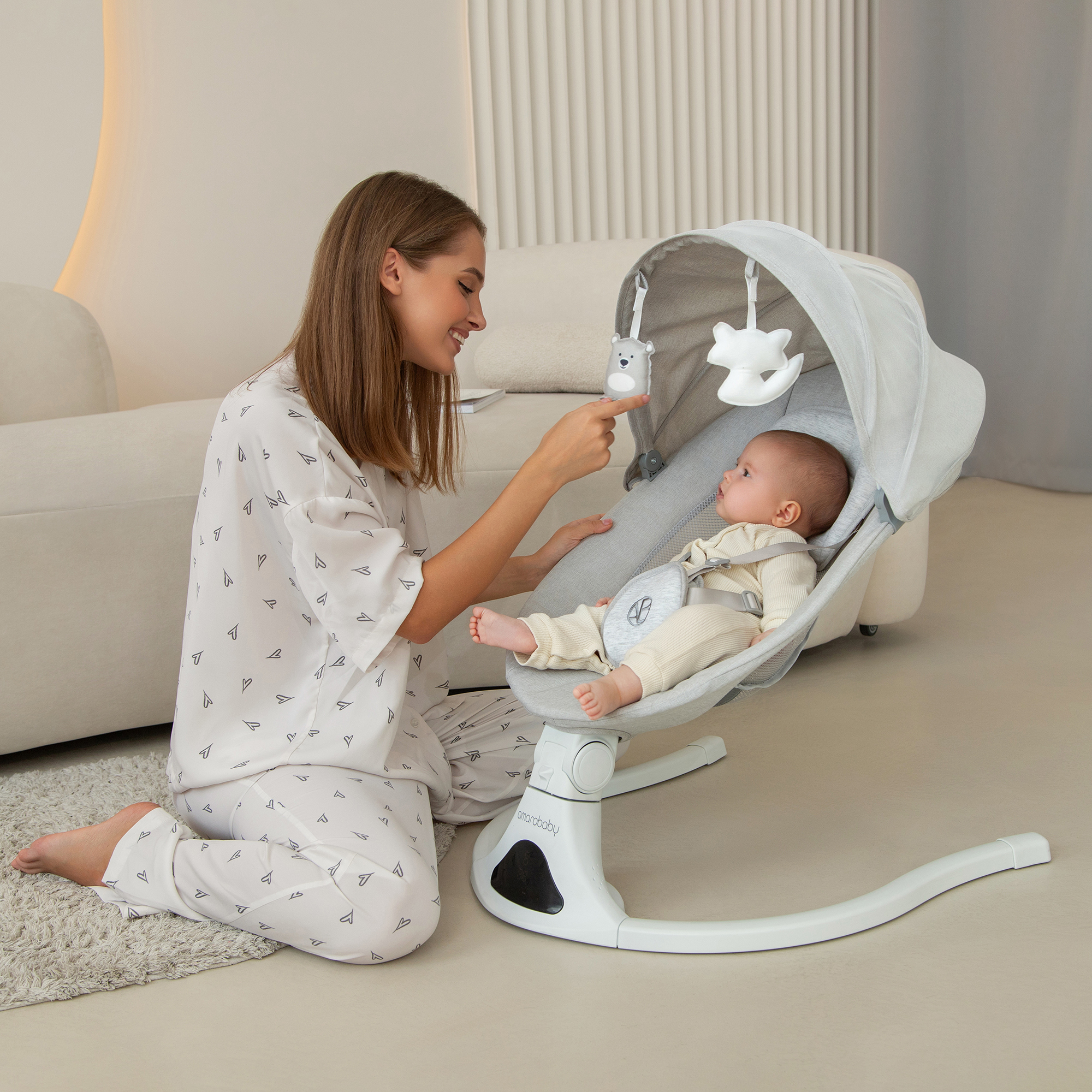 Электронные качели детские Amarobaby Funny swing, бежевый - фото 30