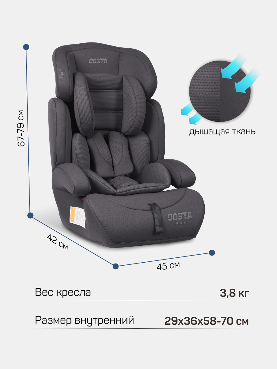 Автокресло Costa YB702A 1/2/3 (9-36 кг) серый - фото 7