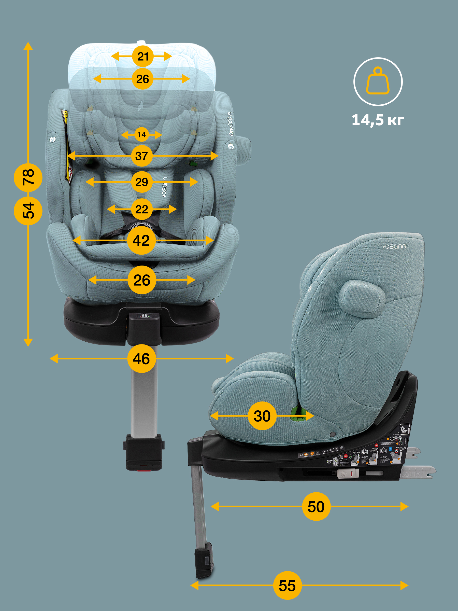 Автокресло Osann One 360 SL Sky 0-36 кг Isofix 0+/1/2/3 (0-36 кг) бирюзовый - фото 12