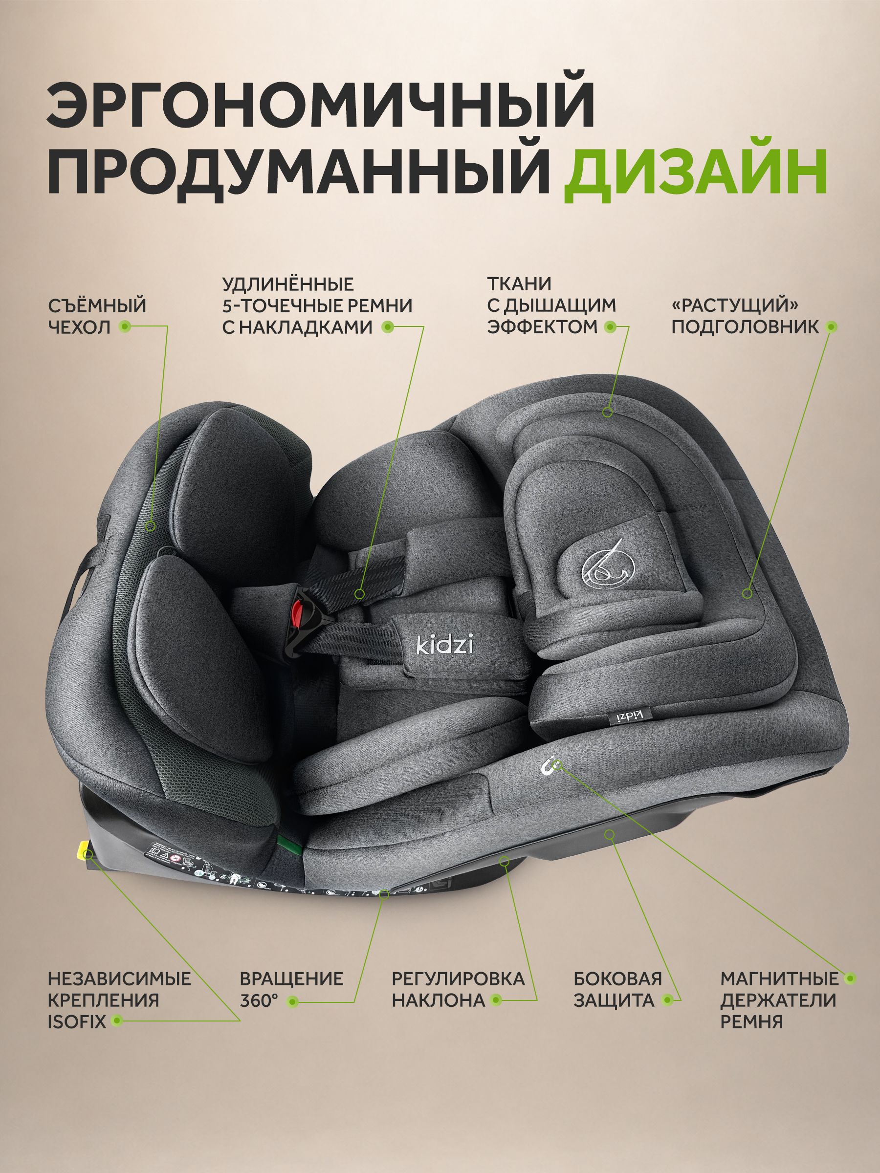 Автокресло Kidzi Spin Pro 360 i-SIZE c опорой Isofix 0+/1/2/3 (0-36 кг) серый - фото 4