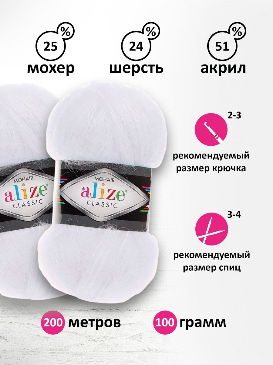 Пряжа Alize полушерстяная Mohair classic new 100 гр 200 м 5 мотков 55 белый - фото 3