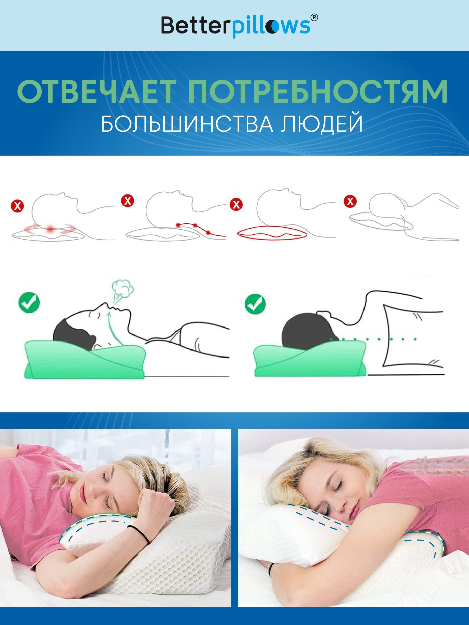 Подушка ортопедическая для сна Betterpillows с эффектом памяти для детей и взрослых - фото 5