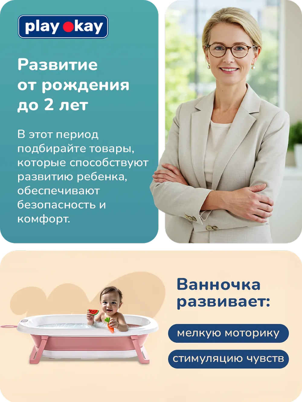 Ванночка для купания новорожденных Play okay складная с термометром - фото 11
