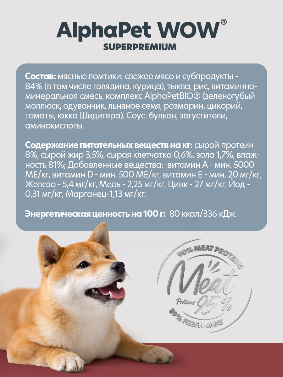 Пауч 28 шт Влажный полнорационный корм AlphaPet для собак с чувствительным пищеварением говядина и томленая тыква, 85 г - фото 4