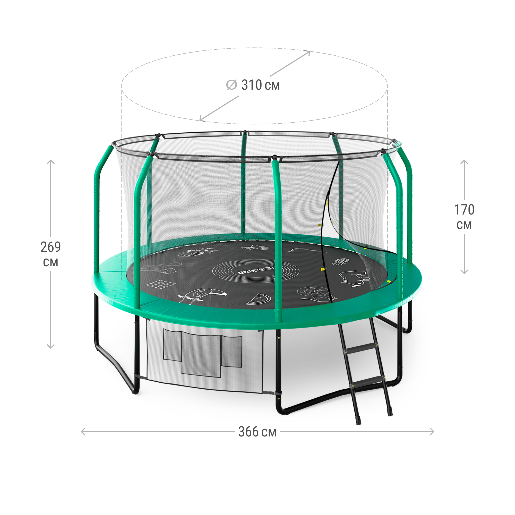Батут каркасный Supreme Game UNIX line 12 ft Green общий диаметр 366 см до 160 кг диаметр прыжковой зоны 310 см - фото 2