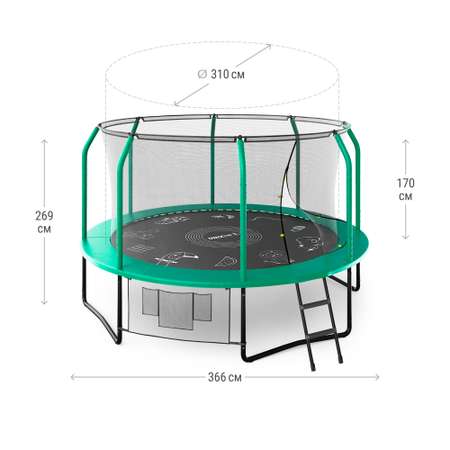 Батут каркасный Supreme Game UNIX line 12 ft Green общий диаметр 366 см до 160 кг диаметр прыжковой зоны 310 см