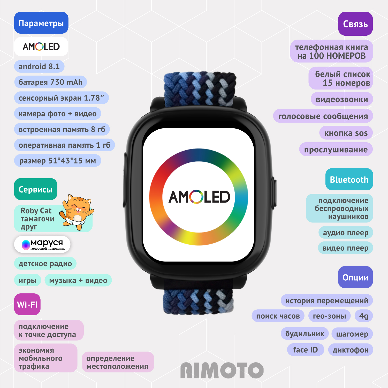 Детские смарт часы 4G + SIM-карта Aimoto Infinity (черный) Amoled 1.78 Видеомониторинг Маруся Ватсап Телеграм + GPS - фото 4