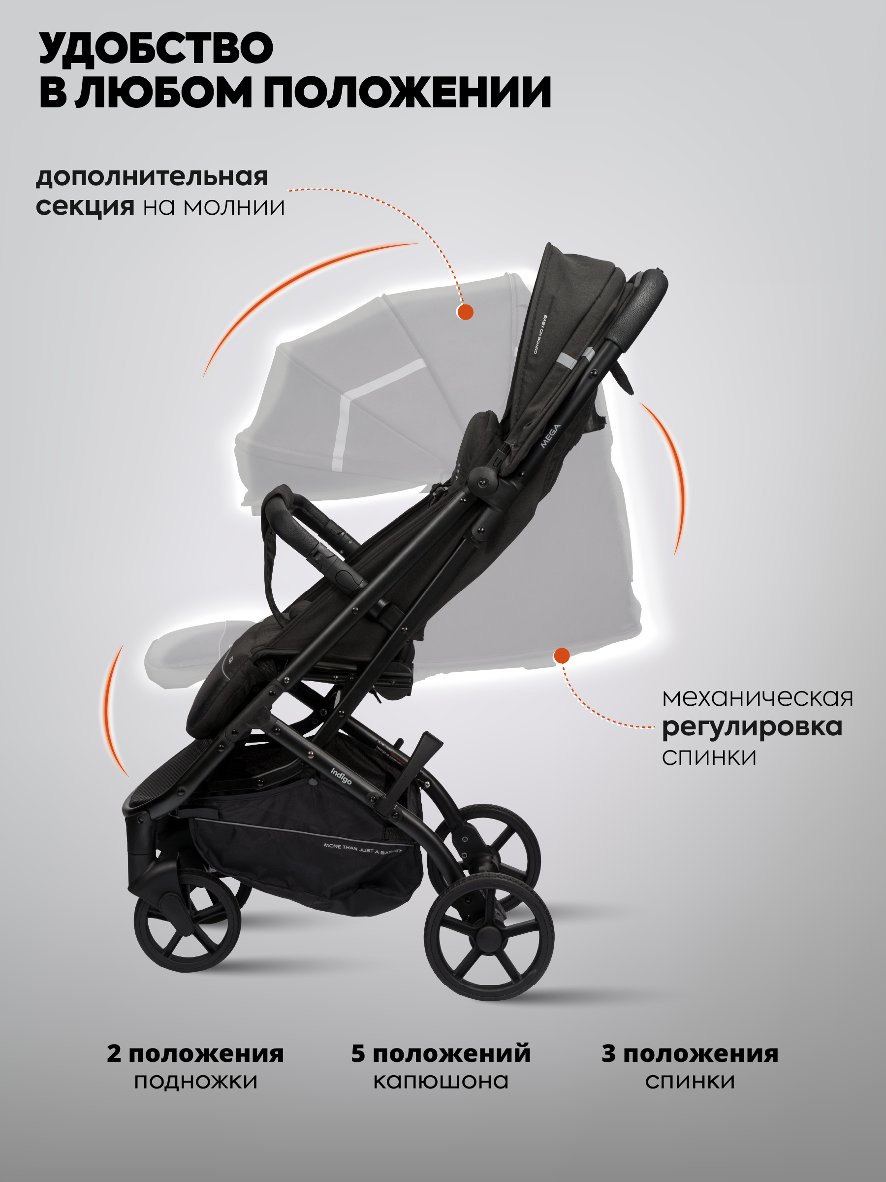 Коляска прогулочная Indigo Mega черный - фото 5