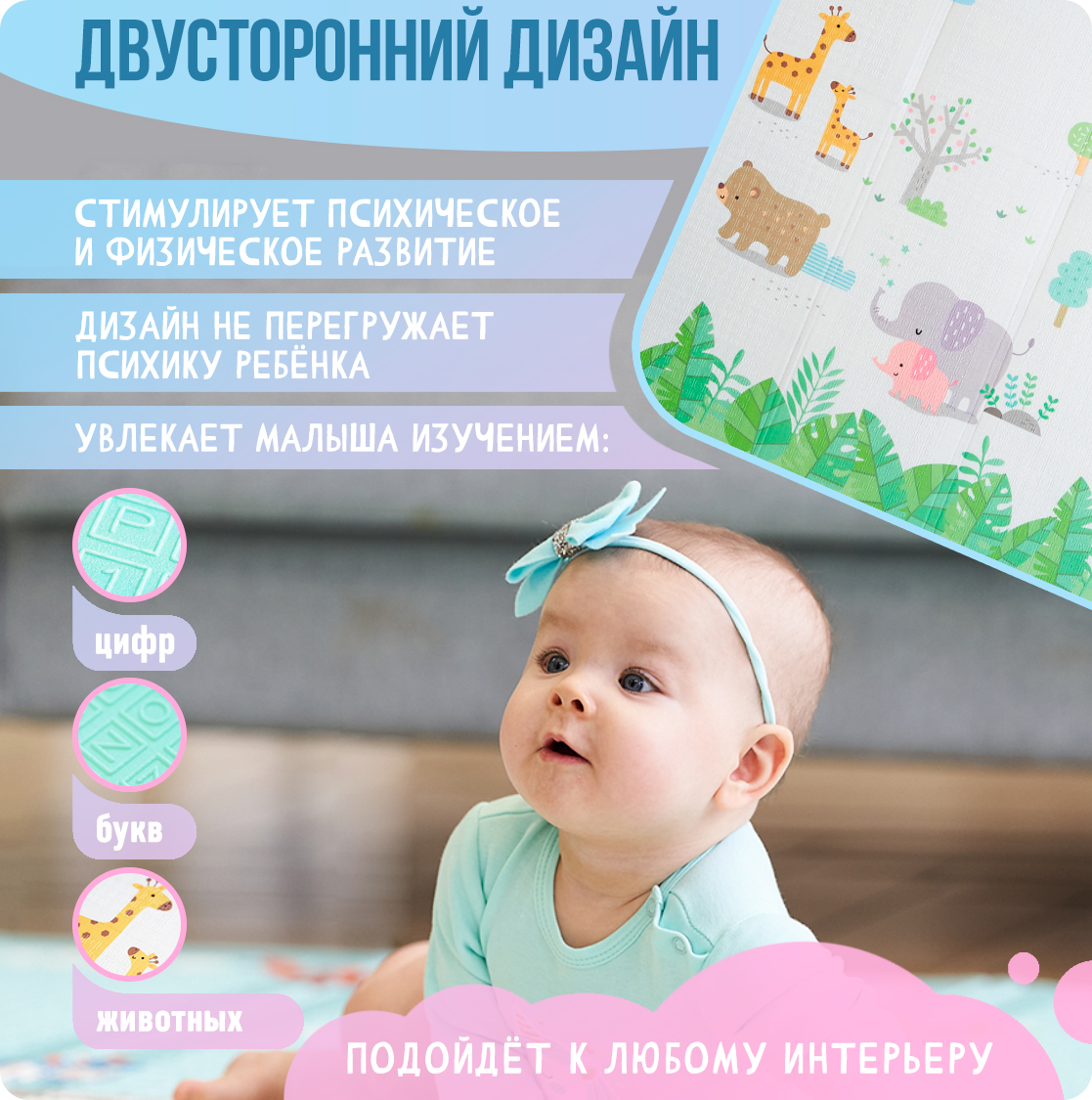 Детский коврик MIKMEL складной игровой развивающий двусторонний для ползания 180х200 см Город/Зоопарк - фото 5