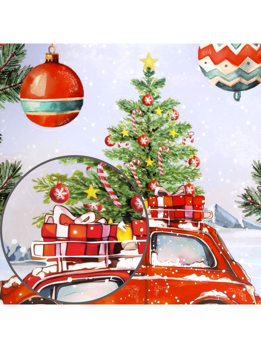 Новогодняя наклейка Золотая сказка на окна и стекла двусторонняя многоразовая Машинка 30x38 см - фото 5