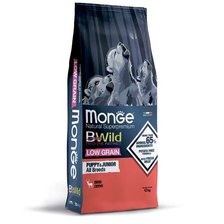 Корм для щенков Monge 12кг Dog BWild Low grain Puppy and junior низкозерновой из мяса оленя