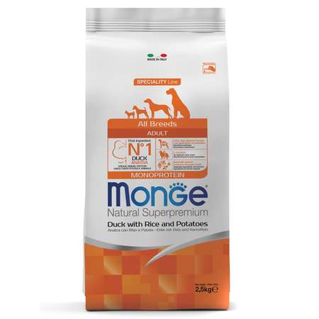 Корм для собак MONGE Dog Monoprotein всех пород утка с рисом и картофелем сухой 2.5кг