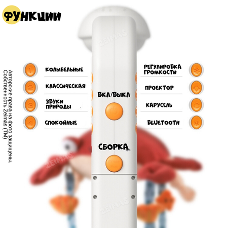 Музыкальный мобиль в кроватку Zeimas с bluetooth регулировкой громкости и проектором звездного неба развивающая игрушка